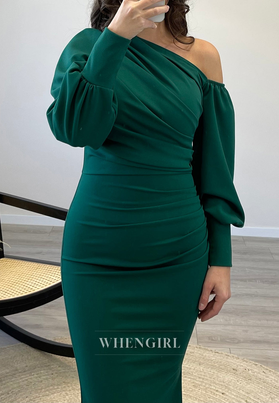 One Shoulder Long Sleeves Pleated Floor Length Chiffon Mermaid Evening Formal Gown