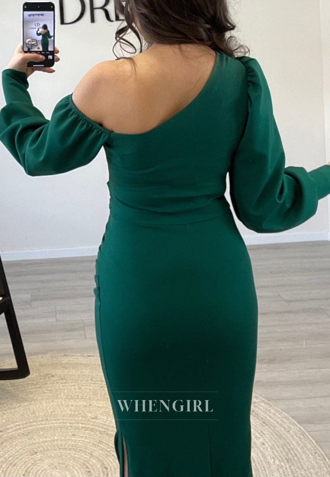 One Shoulder Long Sleeves Pleated Mermaid Evening Gown Simple Floor Length Formal Dress