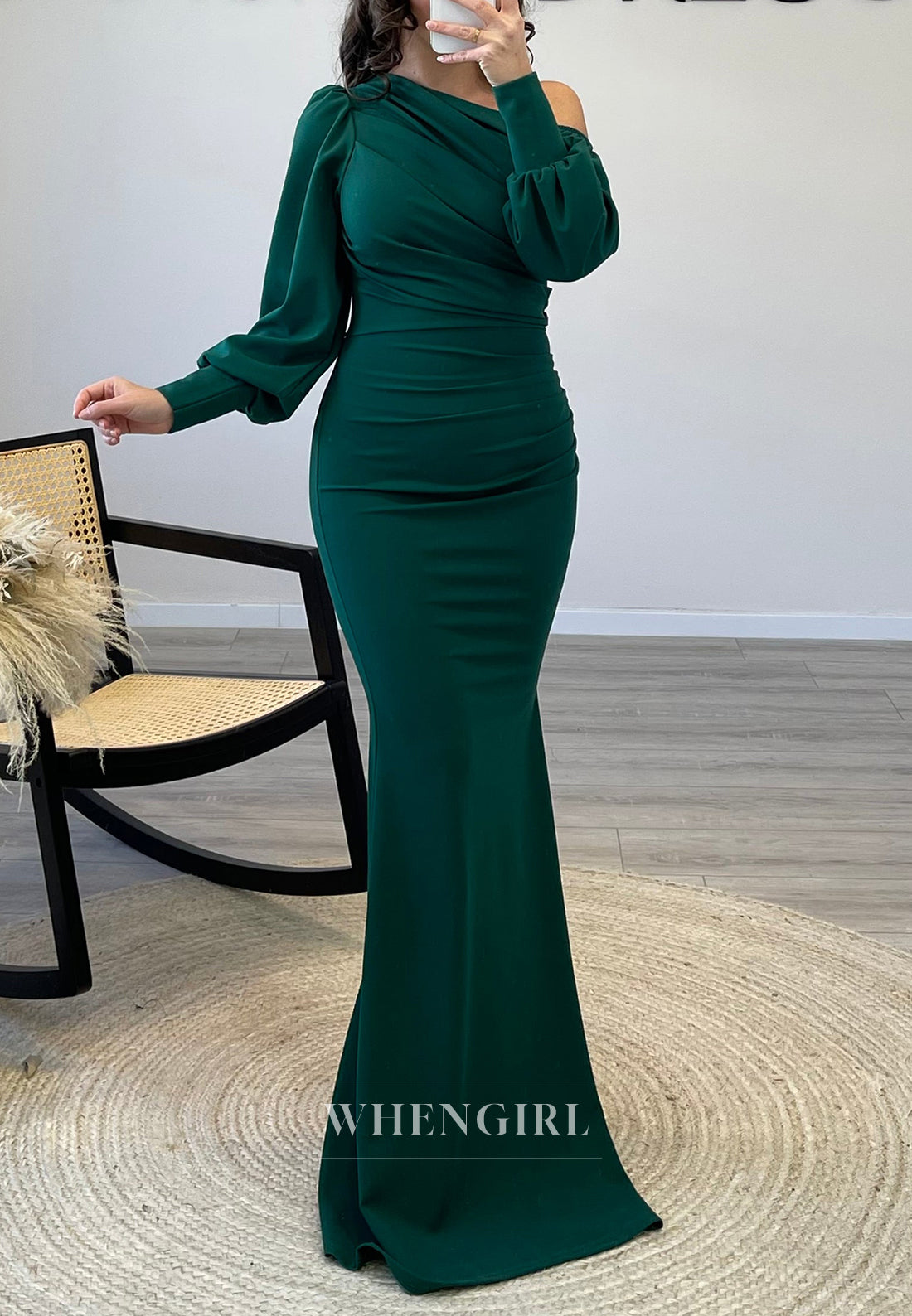One Shoulder Long Sleeves Pleated Mermaid Evening Gown Simple Floor Length Formal Dress