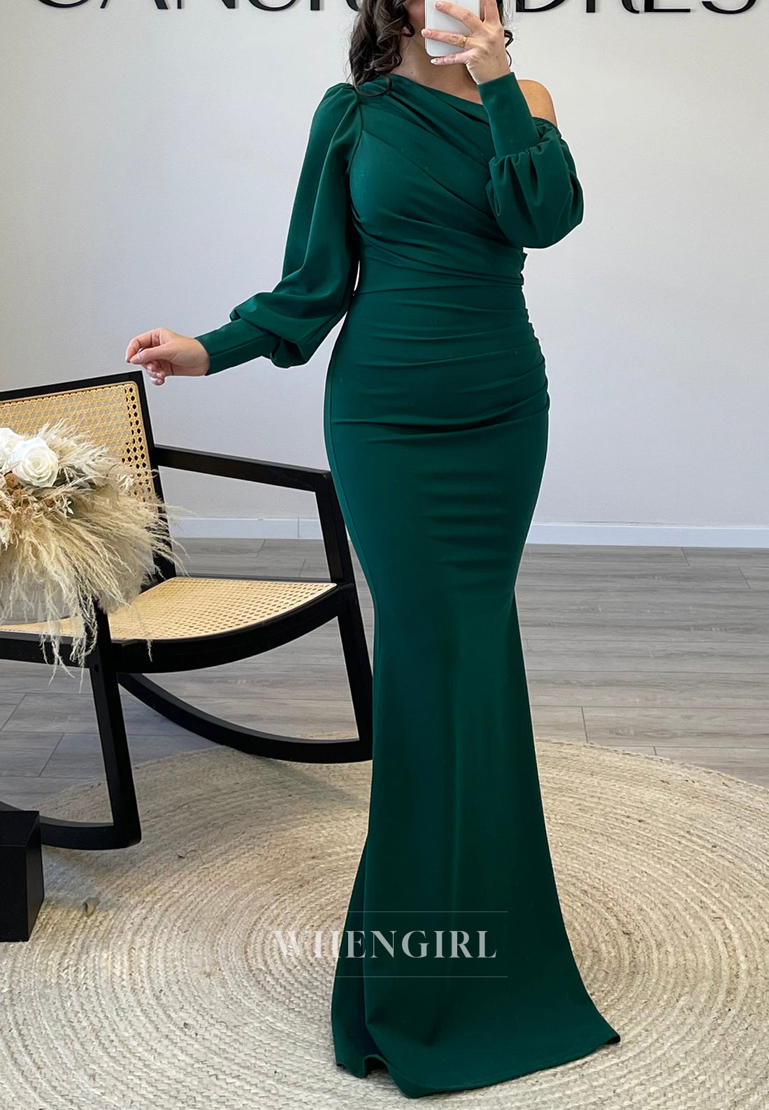 One Shoulder Long Sleeves Pleated Floor Length Chiffon Mermaid Evening Formal Gown