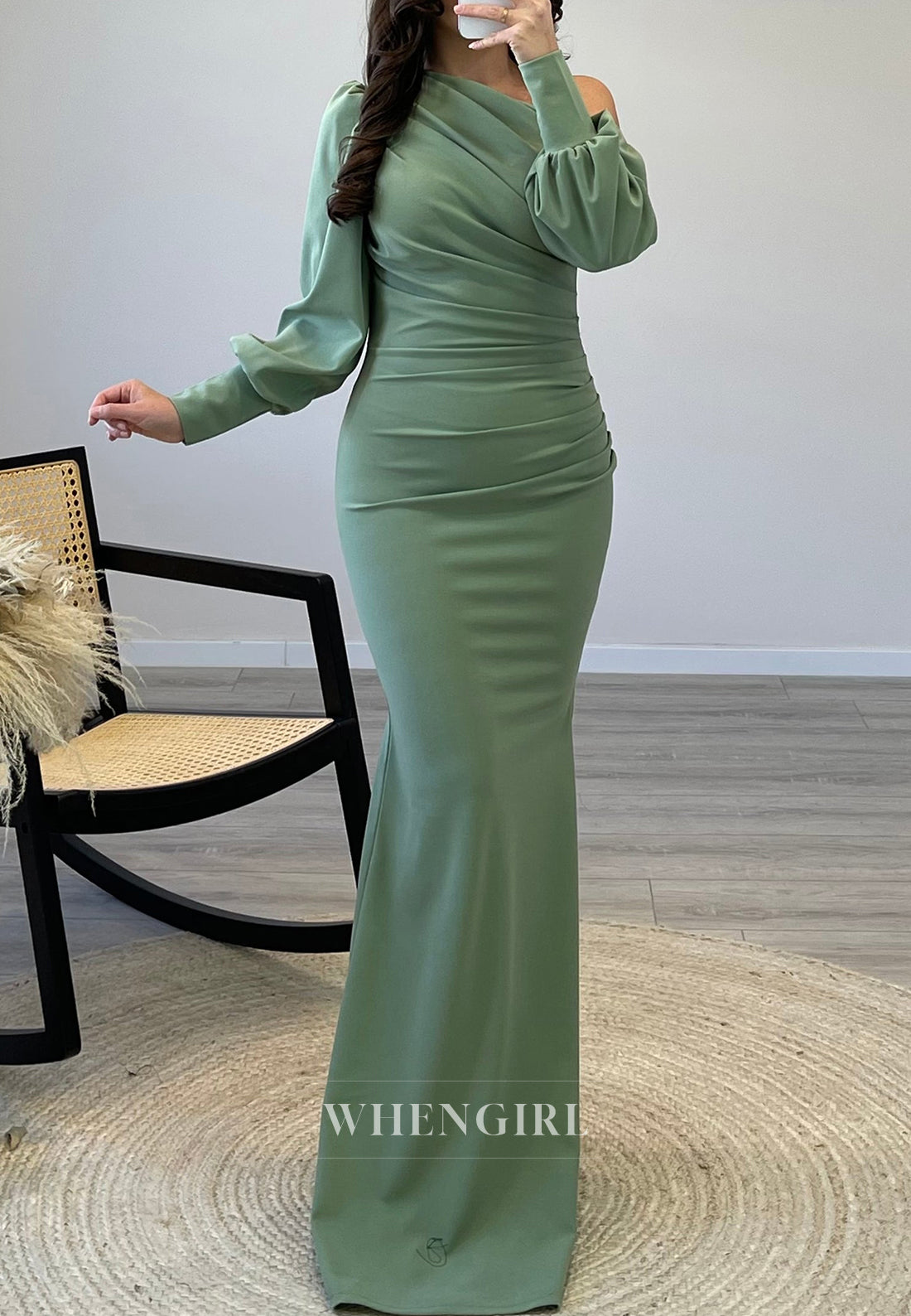 One Shoulder Long Sleeves Pleated Mermaid Evening Gown Simple Floor Length Formal Dress