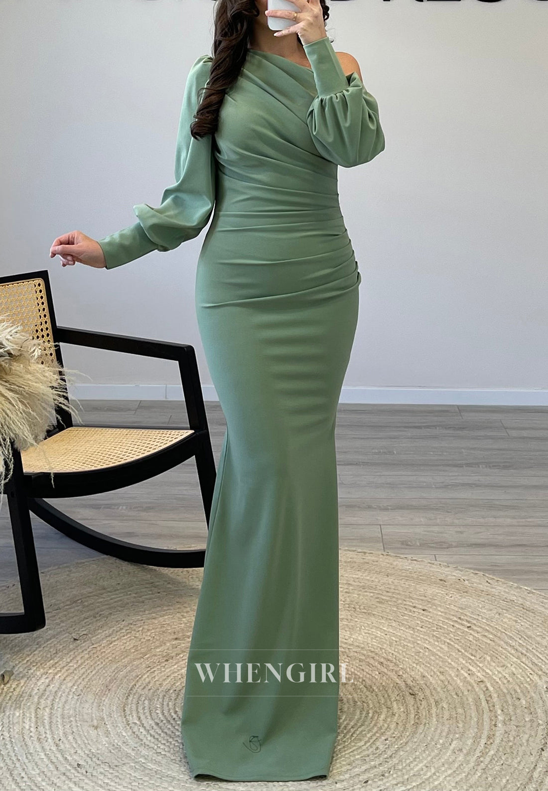 One Shoulder Long Sleeves Pleated Floor Length Chiffon Mermaid Evening Formal Gown