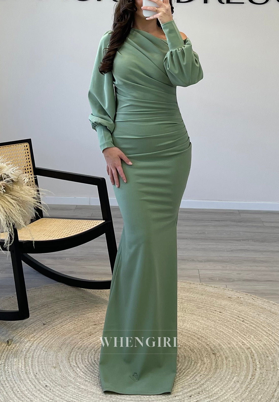 One Shoulder Long Sleeves Pleated Floor Length Chiffon Mermaid Evening Formal Gown