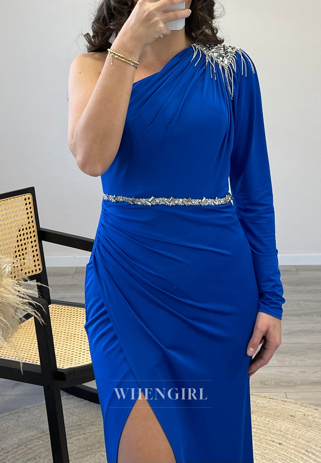 Royal Blue Pleated Side Slit Single Long Sleeve Rhinestone Tassel Mermaid Formal Evening Dress