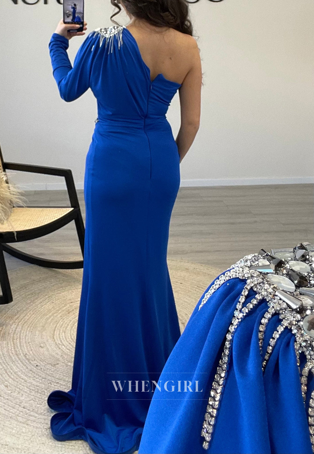 Royal Blue Pleated Side Slit Single Long Sleeve Rhinestone Tassel Mermaid Formal Evening Dress