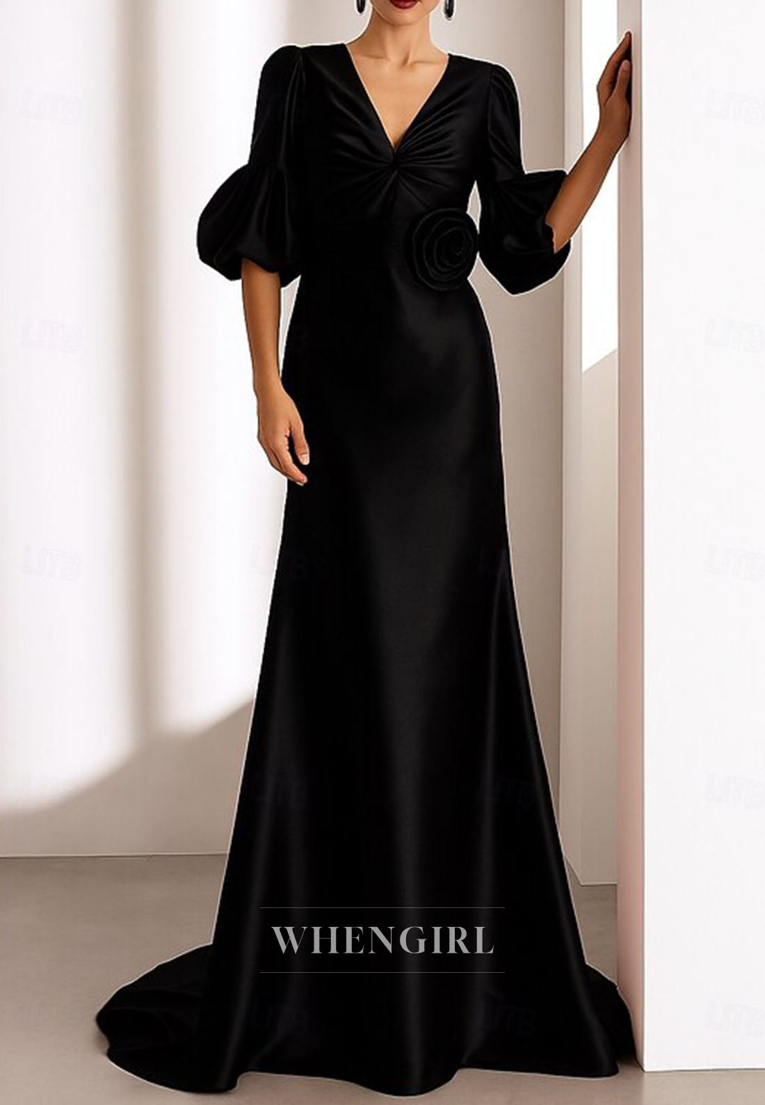 Trumpet V Neck Puff Sleeves Flower Satin Mother of the Bride Dress