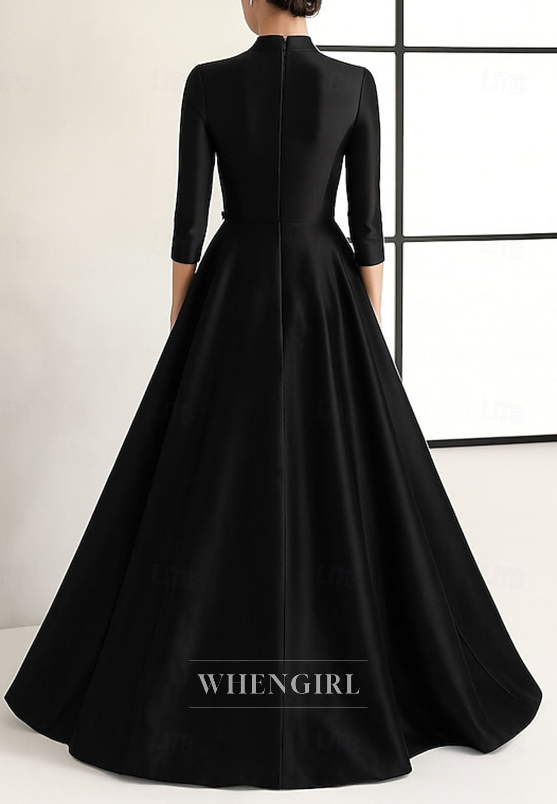 High Neck A-Line Satin Flower 3/4 Sleeves Mother of the Bride Dress