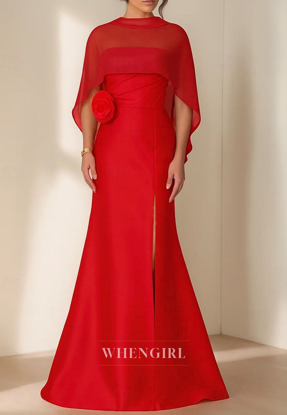 Mermaid Side Slit 3D Flower Mother of the Bride Dress with Cape