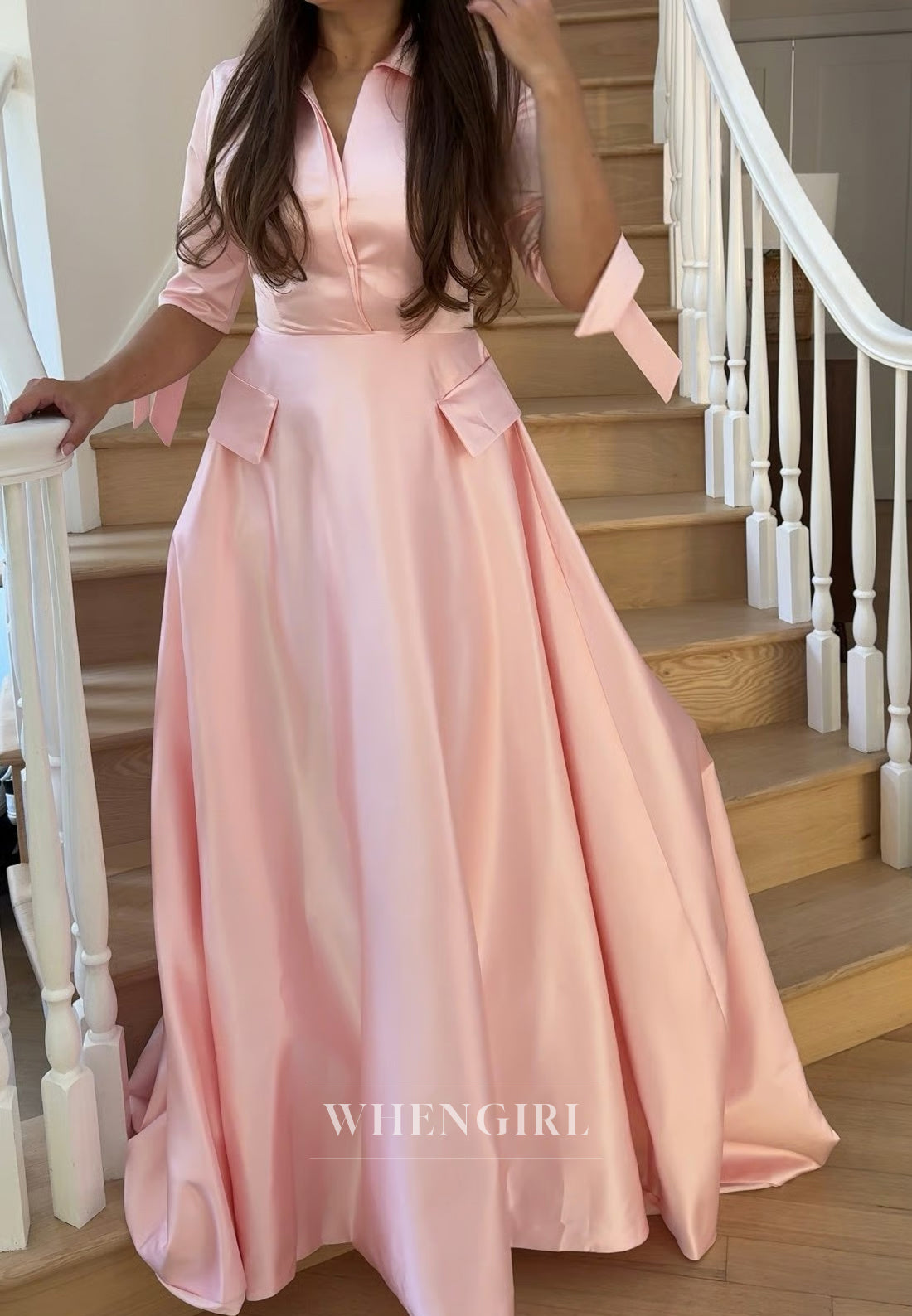 Blush V Neck A-Line Sweep Train Satin Half Sleeves Mother of the Bride Dress