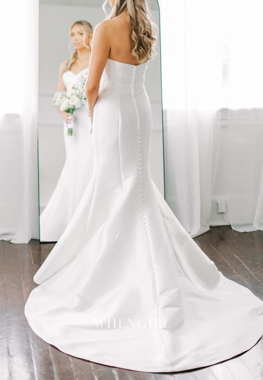 Simple V Neck Sleeveless Mermaid Wedding Dress with Court Train