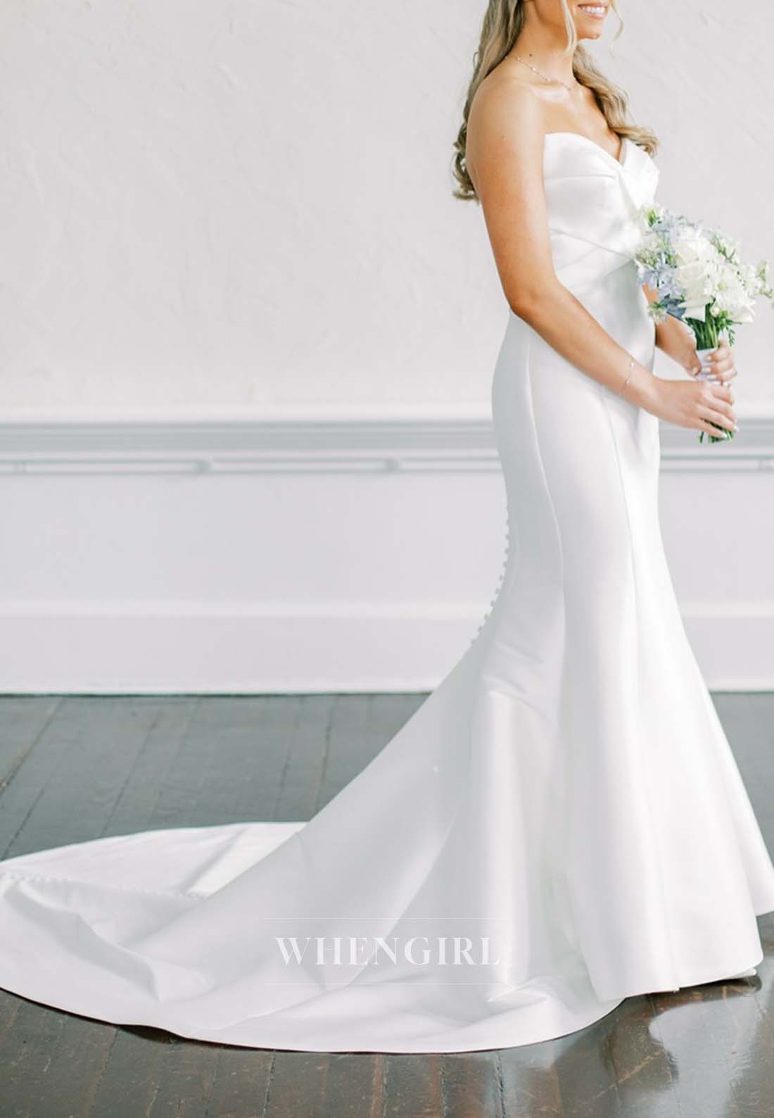 Simple V Neck Sleeveless Mermaid Wedding Dress with Court Train