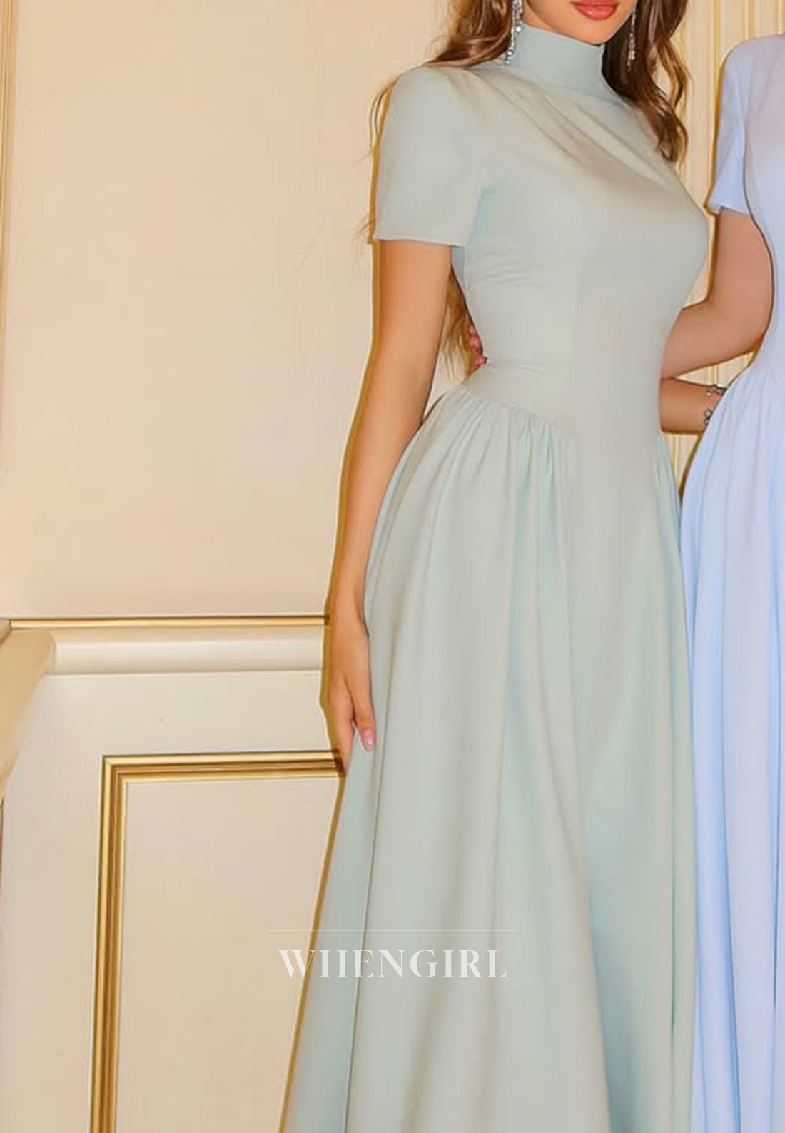 High Neck Ankle Length A-Line Short Sleeves Formal Evening Dress