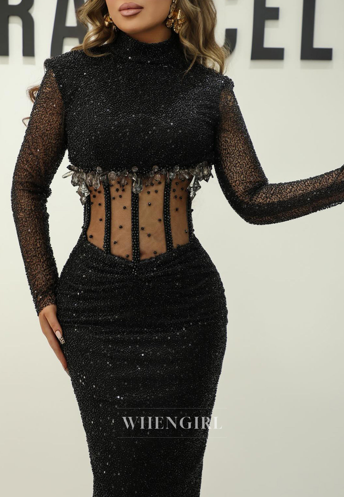 Black Long Sleeves Rhinestones Beading Sheath High Neck Formal Evening Gown