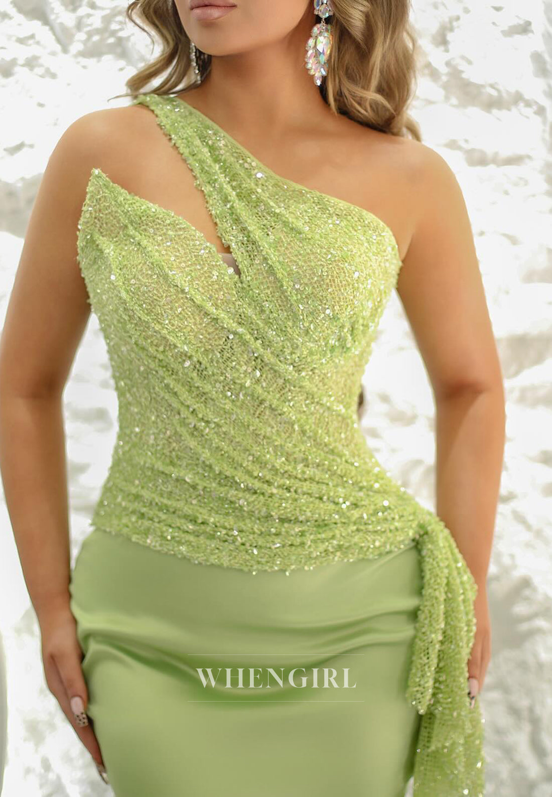 Green One Shoulder Sleeveless Beaded Evening Gown Ruched Sheath Prom Dress