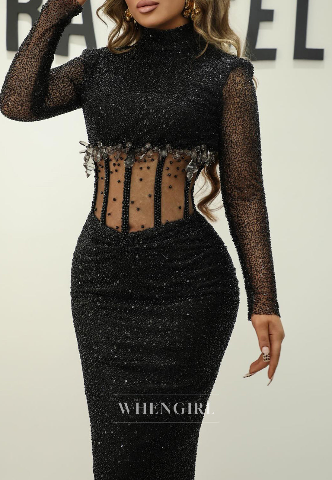 Black Long Sleeves Rhinestones Beading Sheath High Neck Formal Evening Gown