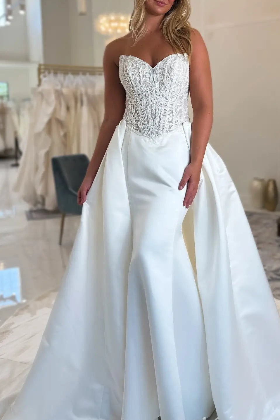 Satin Mermaid Wedding Dress with Lace Corset Bodice & Detachable Overskirt