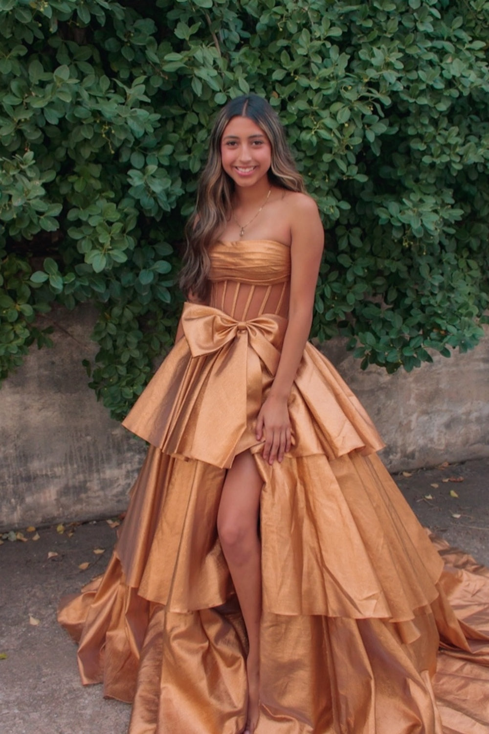 Strapless Black Tiered A-line Long Dress with Bow