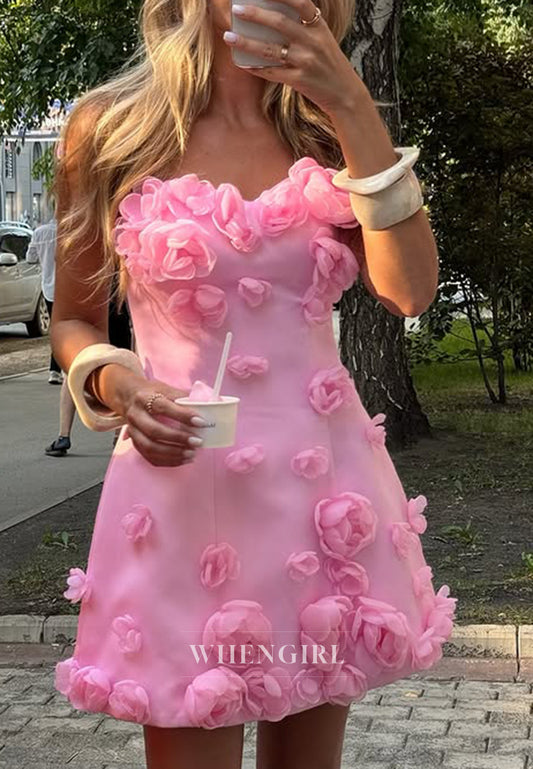 Sheath Candy Pink Sweetheart Strapless 3D Flowers Sleeveless Homecoming Dress