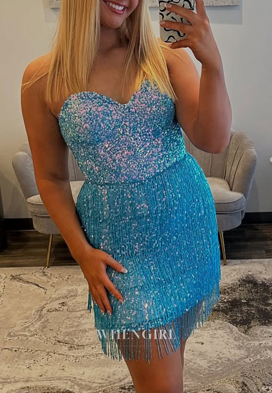 Ocean Blue Sweetheart Sequins Tassel Sheath Sleeveless Homecoming Dress