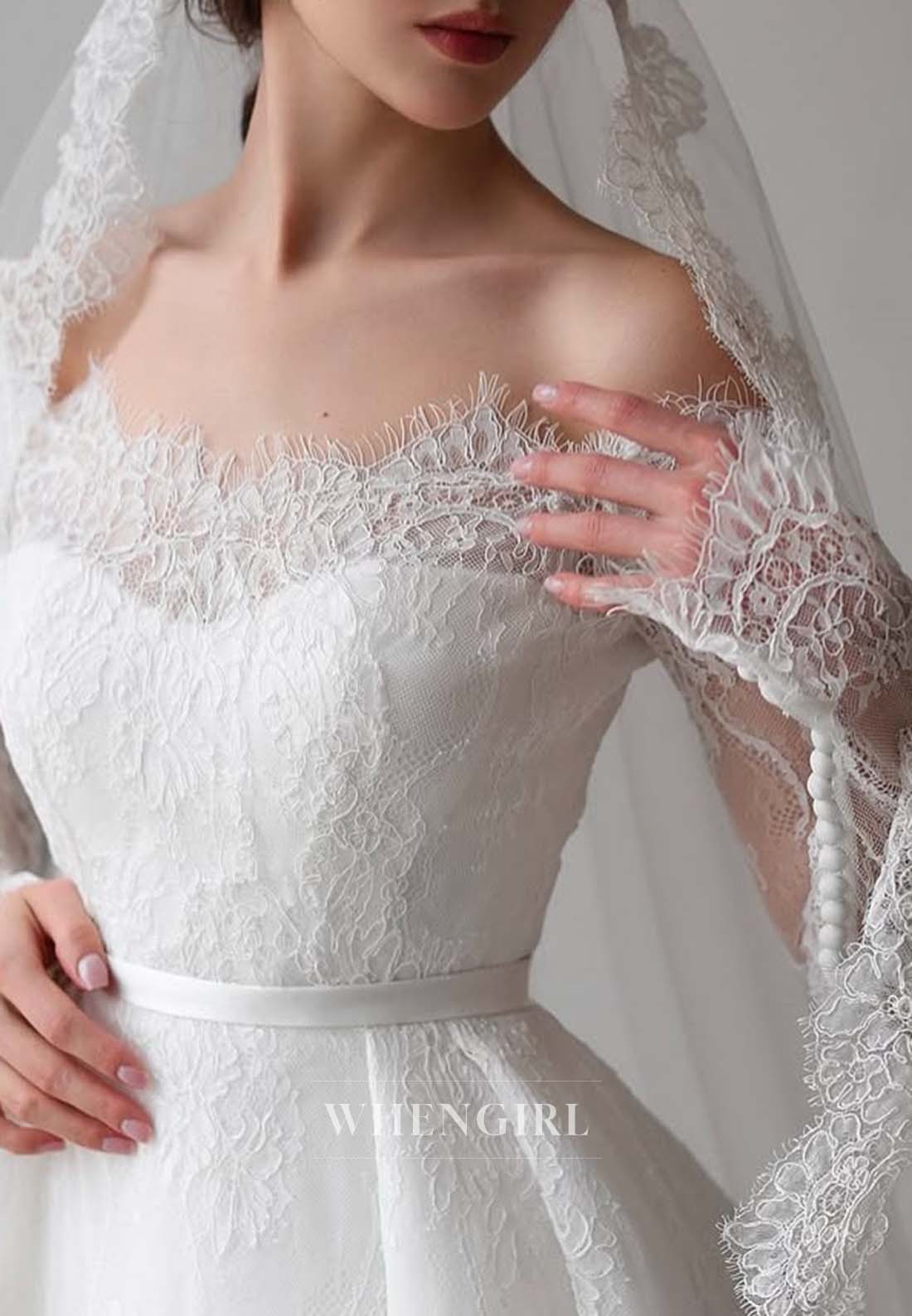Long Sleeves Asymmetrical Neck Embroidery Lace A-Line Wedding Dress with Court Train