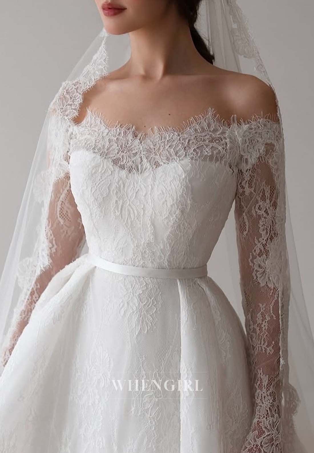 Long Sleeves Asymmetrical Neck Embroidery Lace A-Line Wedding Dress with Court Train