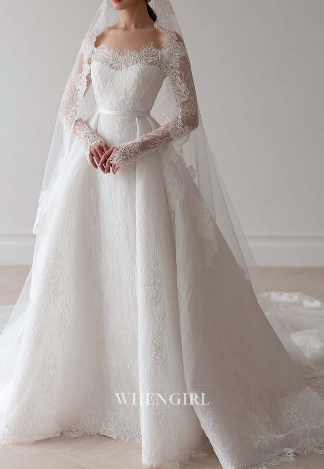 Long Sleeves Asymmetrical Neck Embroidery Lace A-Line Wedding Dress with Court Train