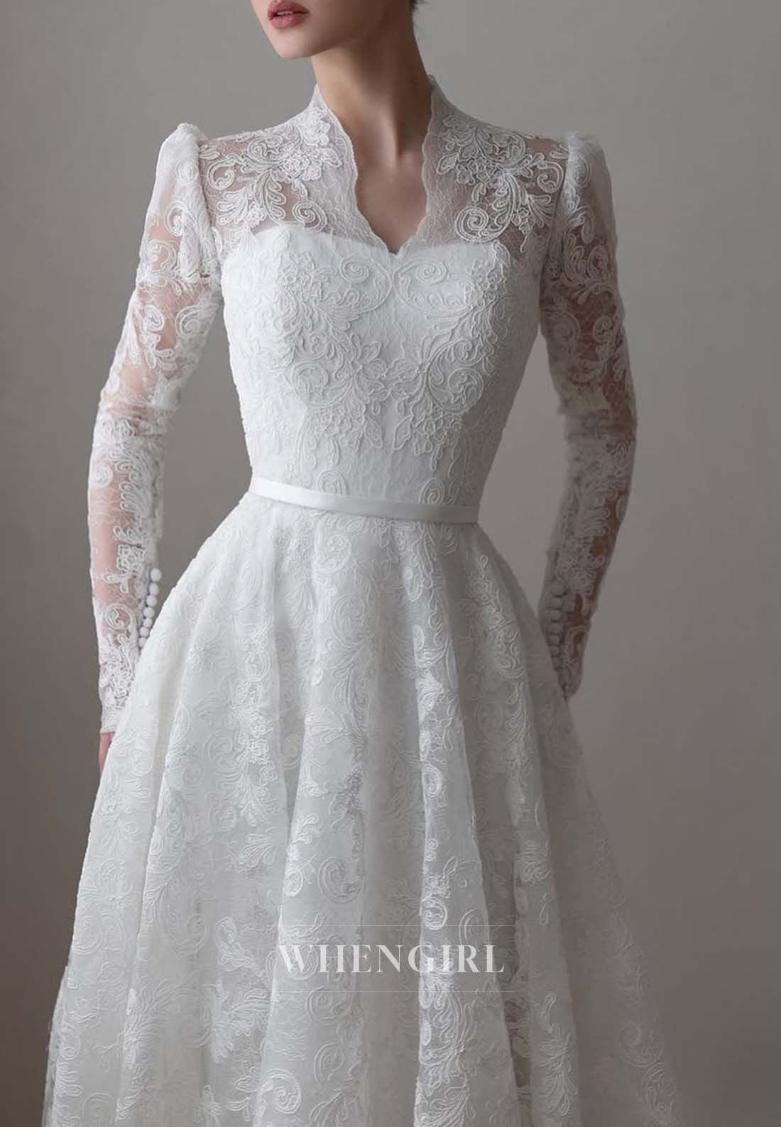 Asymmetrical Neck Long Sleeves Embroidery Lace A-Line Button Court Train Wedding Dress