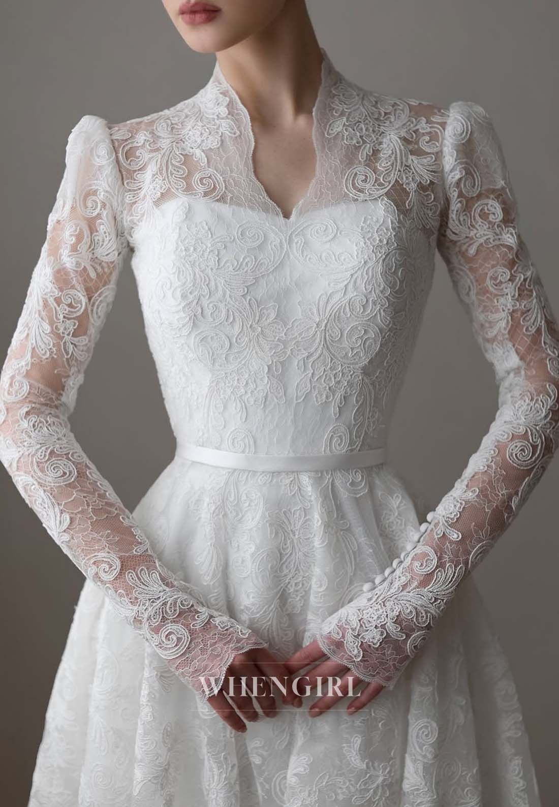 Asymmetrical Neck Long Sleeves Embroidery Lace A-Line Button Court Train Wedding Dress