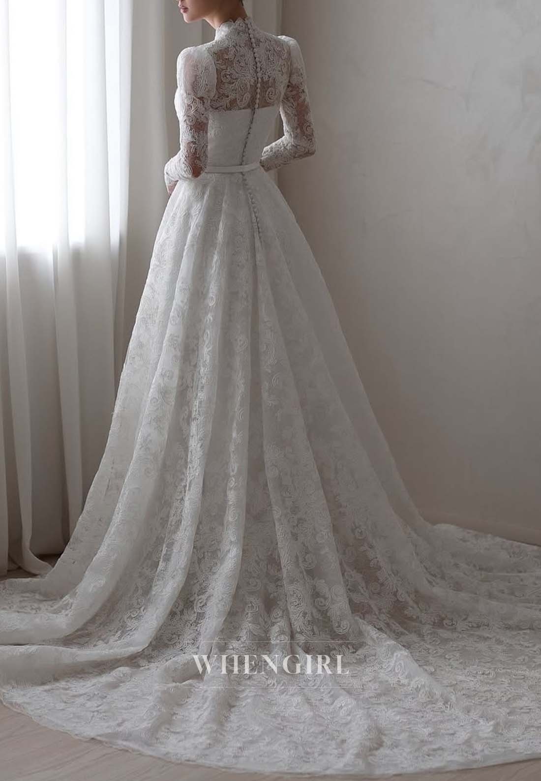 Asymmetrical Neck Long Sleeves Embroidery Lace A-Line Button Court Train Wedding Dress