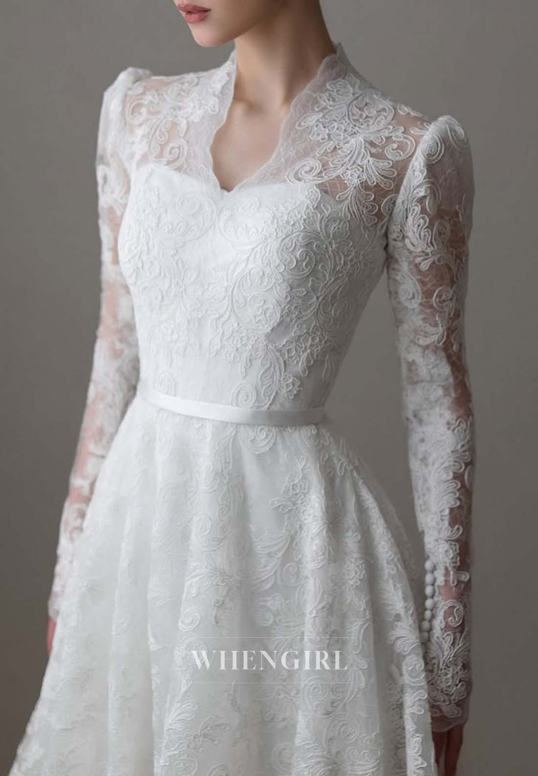 Asymmetrical Neck Long Sleeves Embroidery Lace A-Line Button Court Train Wedding Dress