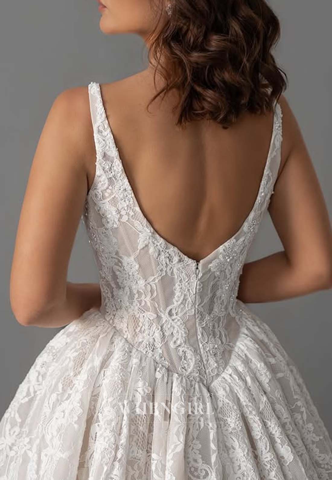 A-Line Sleeveless V Neck Embroidery Lace Back Zipper Court Train Wedding Dress