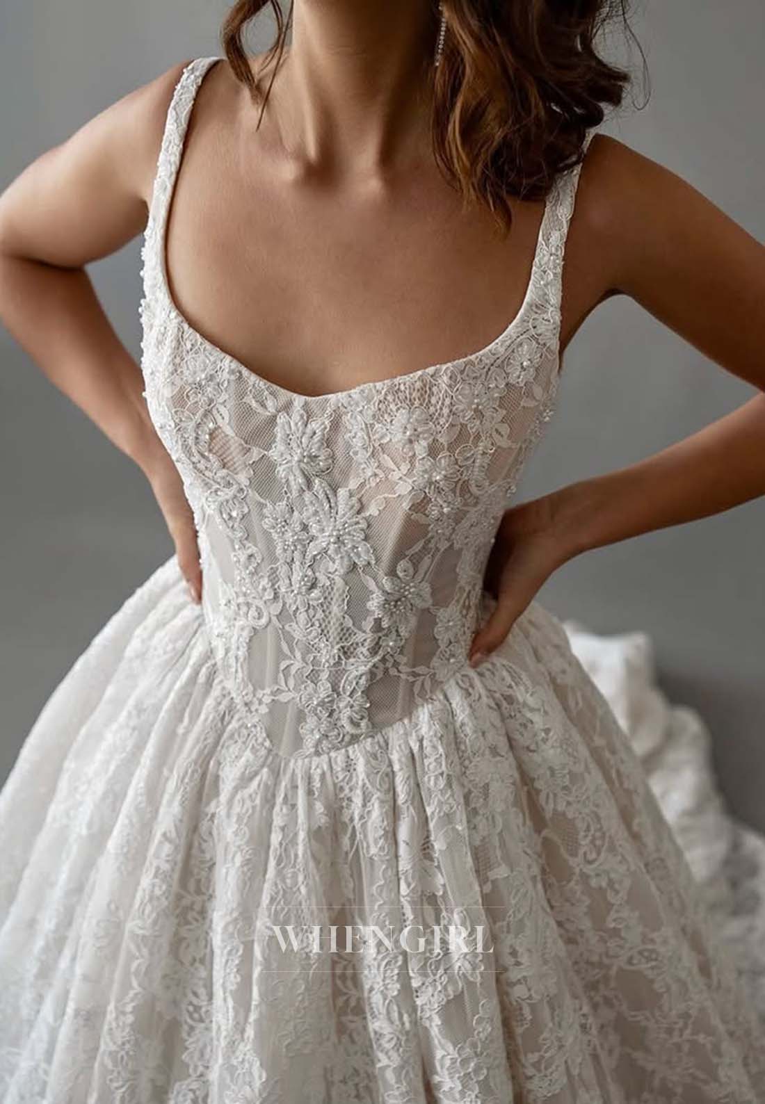 A-Line Sleeveless V Neck Embroidery Lace Back Zipper Court Train Wedding Dress