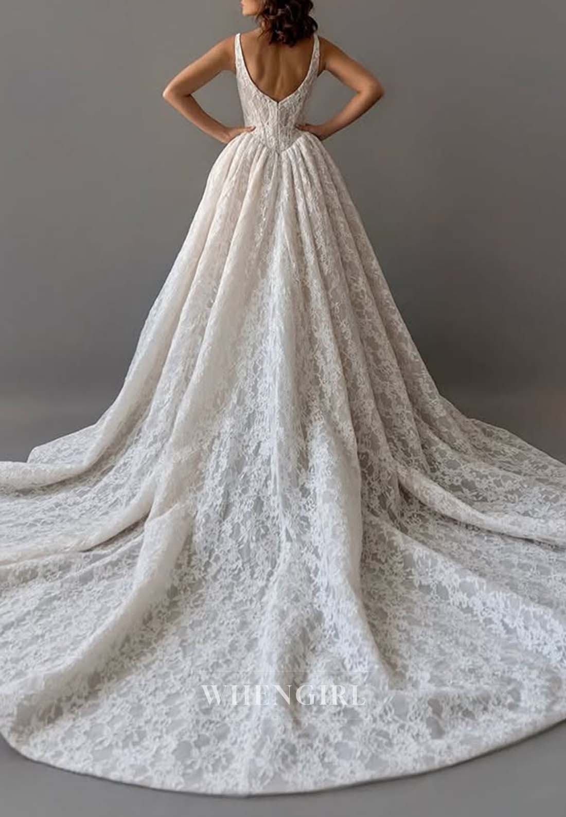 A-Line Sleeveless V Neck Embroidery Lace Back Zipper Court Train Wedding Dress