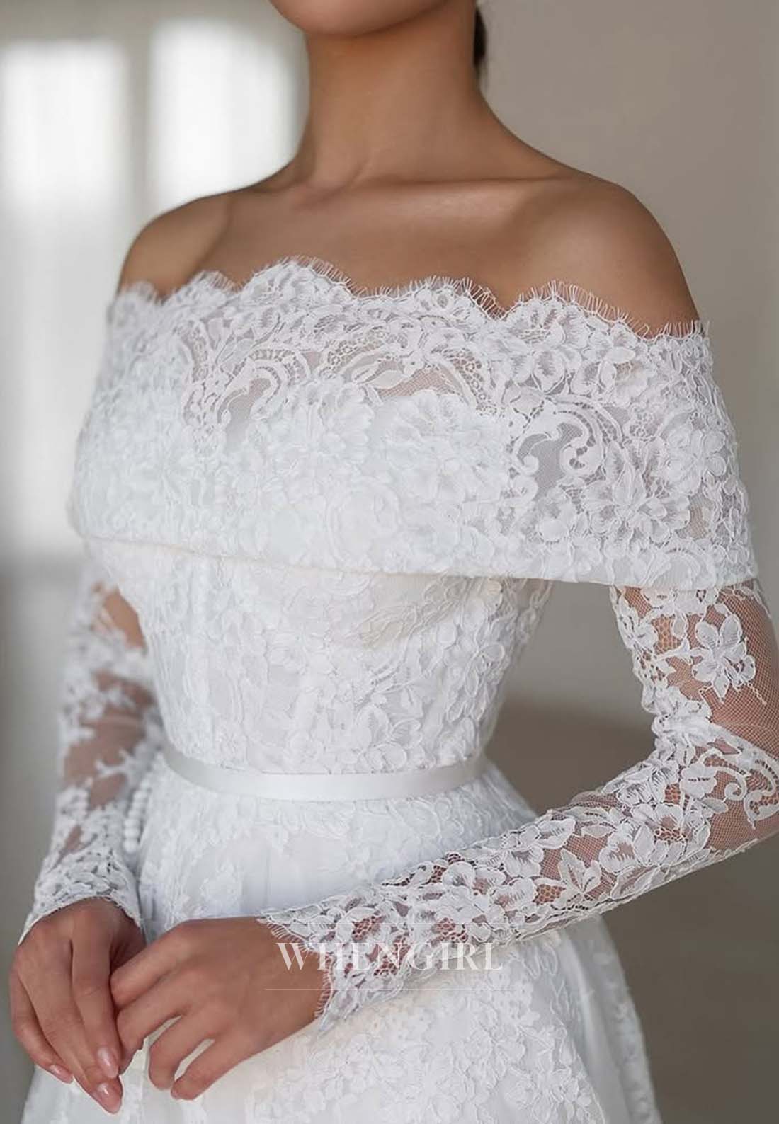 Off Shoulder Long Sleeves Appliqued Lace A-Line Sweep Train Wedding Dress