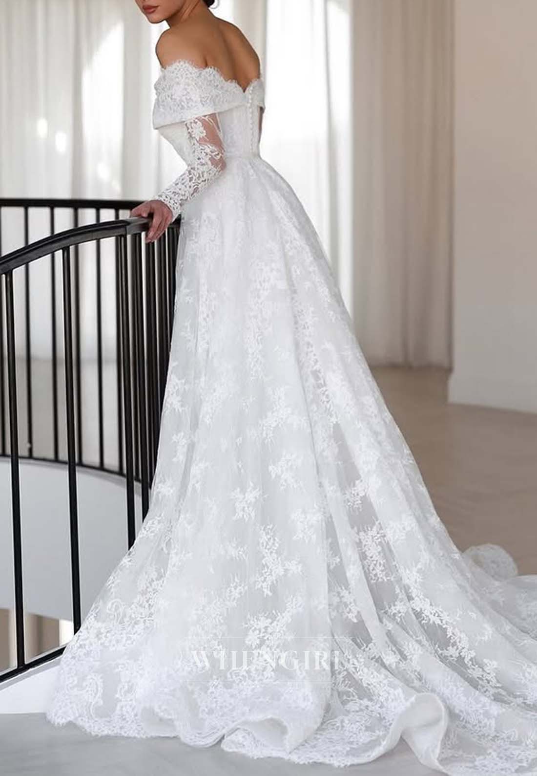 Off Shoulder Long Sleeves Appliqued Lace A-Line Sweep Train Wedding Dress