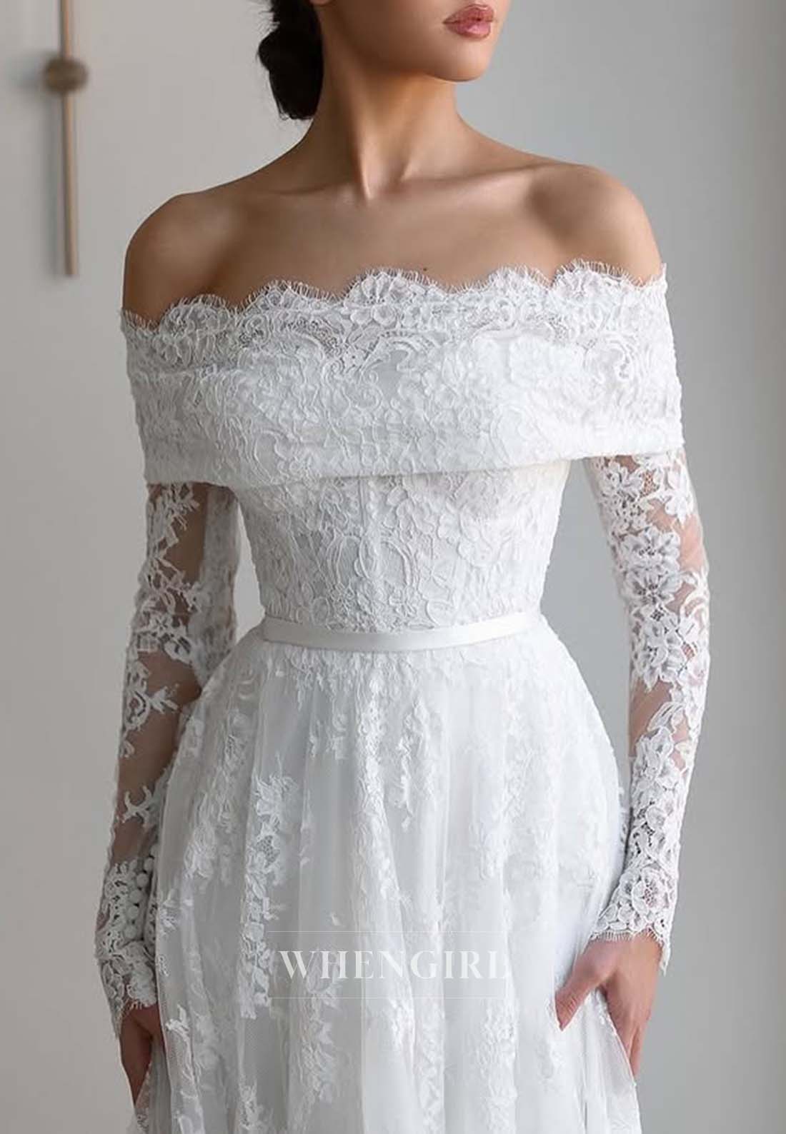 Off Shoulder Long Sleeves Appliqued Lace A-Line Sweep Train Wedding Dress