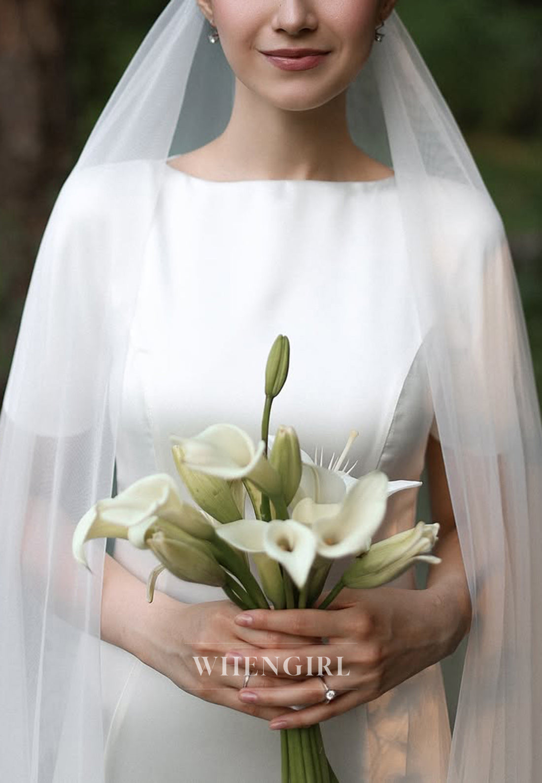 Sheath Bateau Short Sleeves Satin Simple Wedding Dress with Train