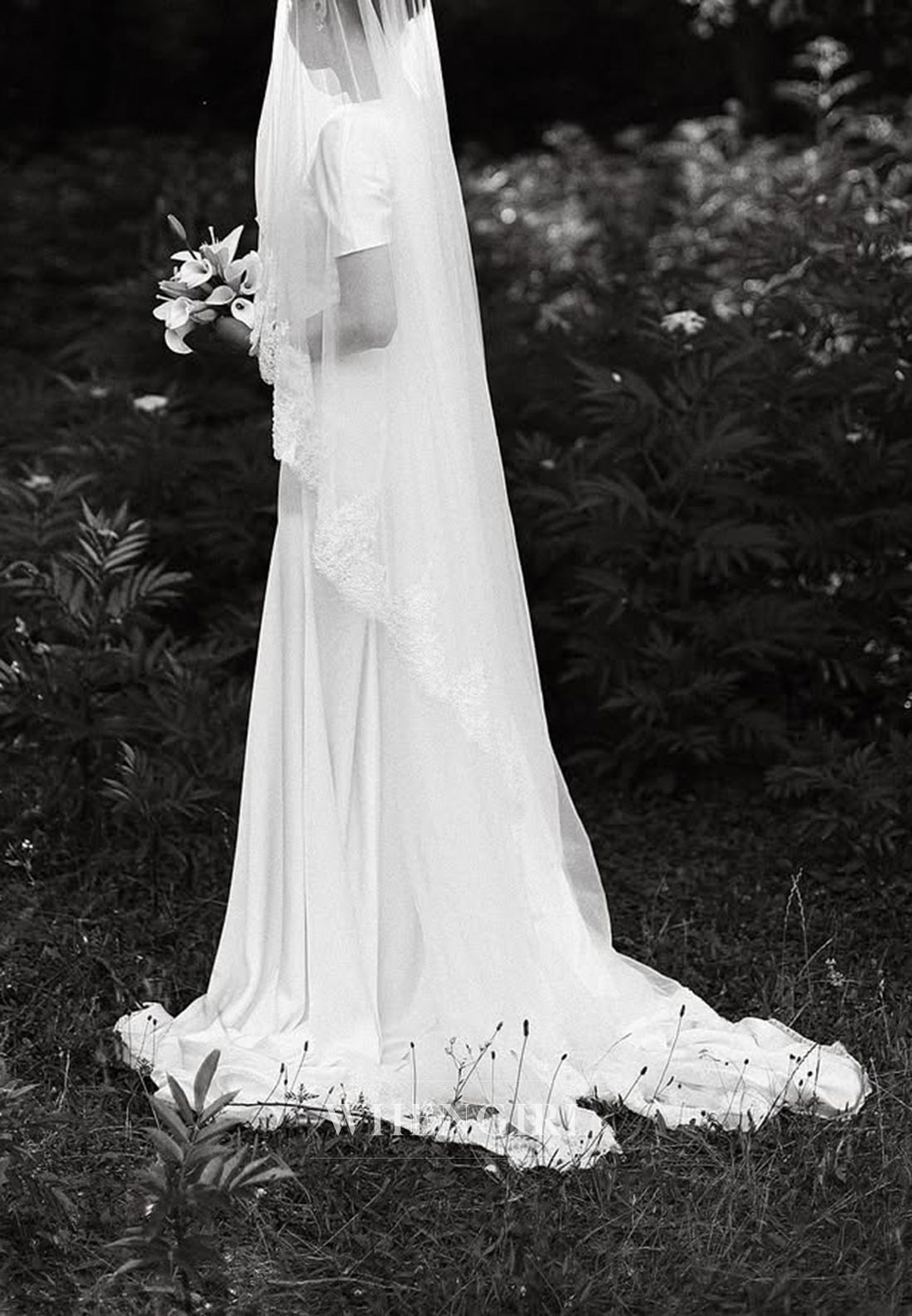 Sheath Bateau Short Sleeves Satin Simple Wedding Dress with Train