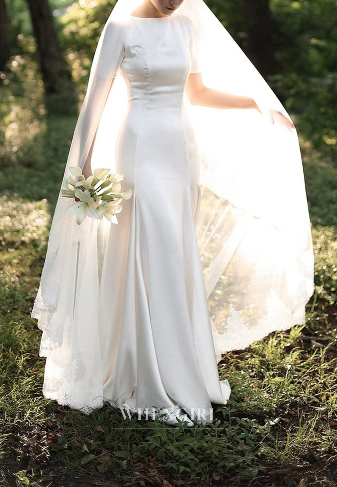 Sheath Bateau Short Sleeves Satin Simple Wedding Dress with Train