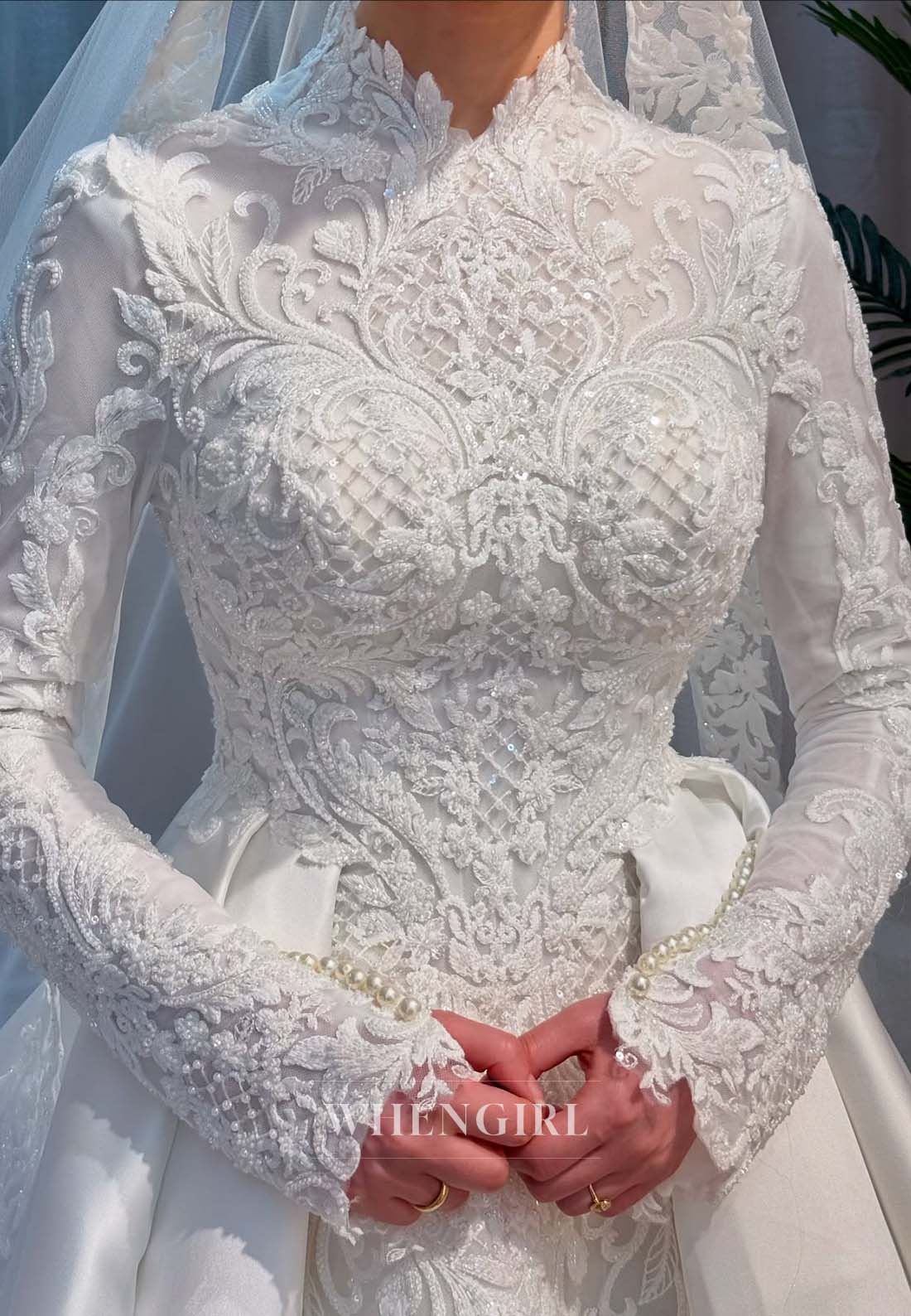 High Neck Long Sleeves Beaded Lace A-Line Satin Court Train Wedding Dress with Viel
