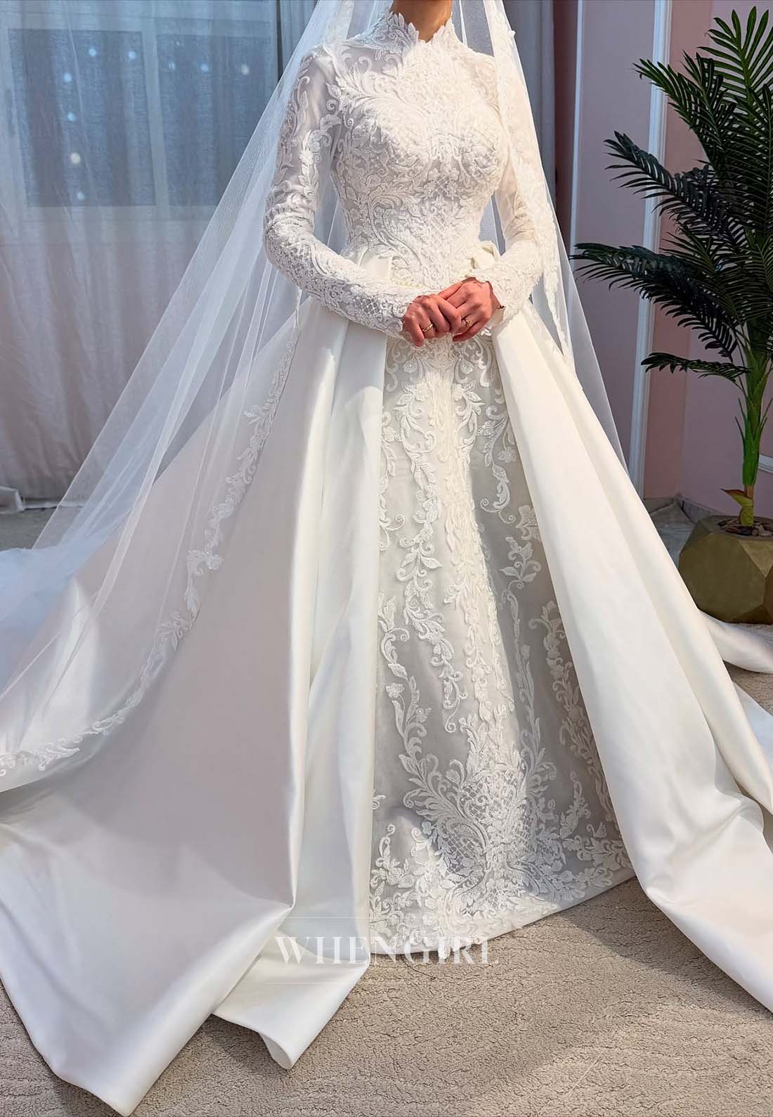 High Neck Long Sleeves Beaded Lace A-Line Satin Court Train Wedding Dress with Viel