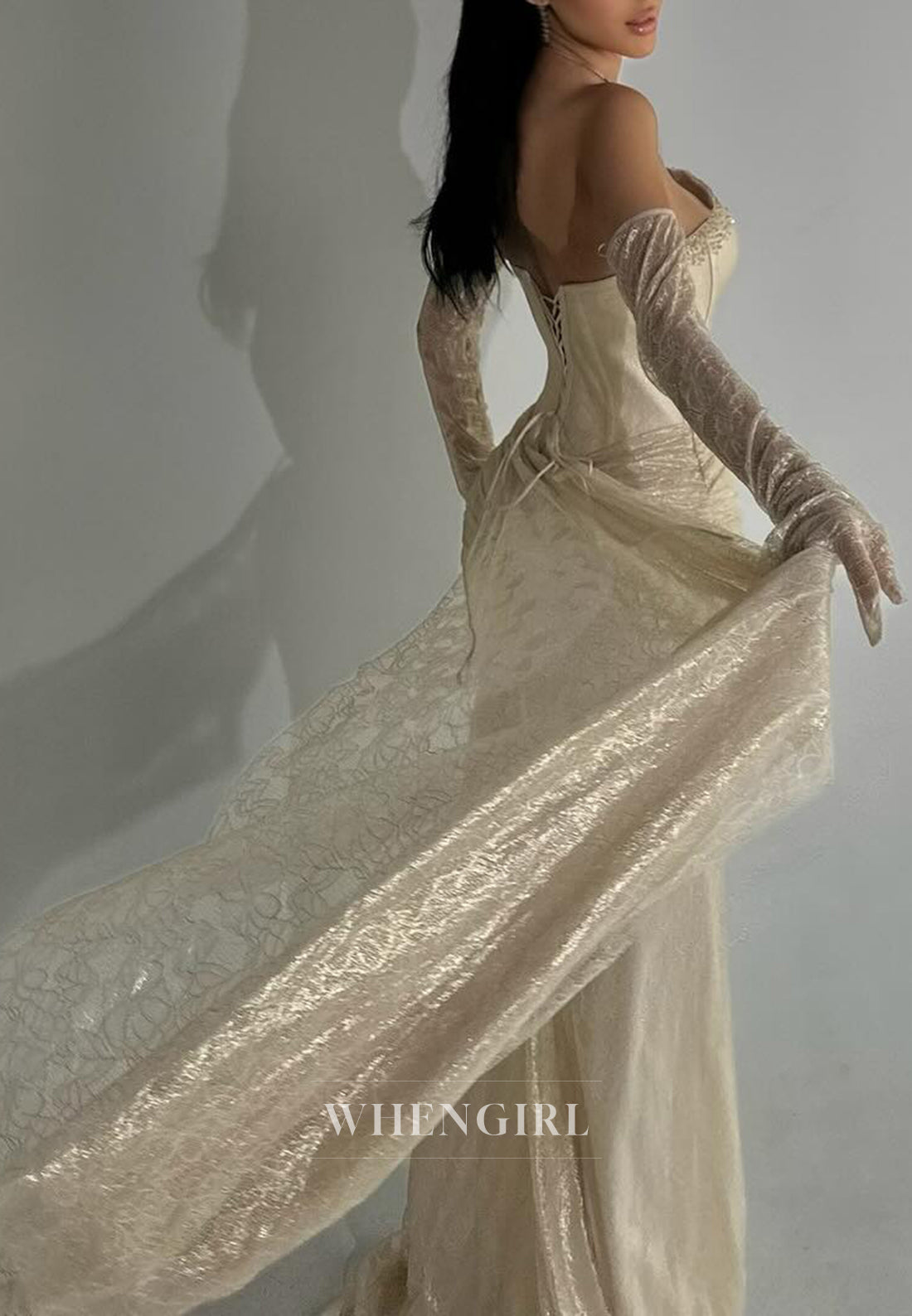 Strapless Sheath Lace Up Beaded Lace Long Formal Evening Dress with Gloves