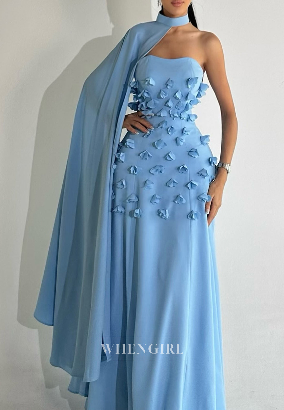 Sheath Sleeveless Sweetheart Floral Strapless Formal Evening Gown with Cape