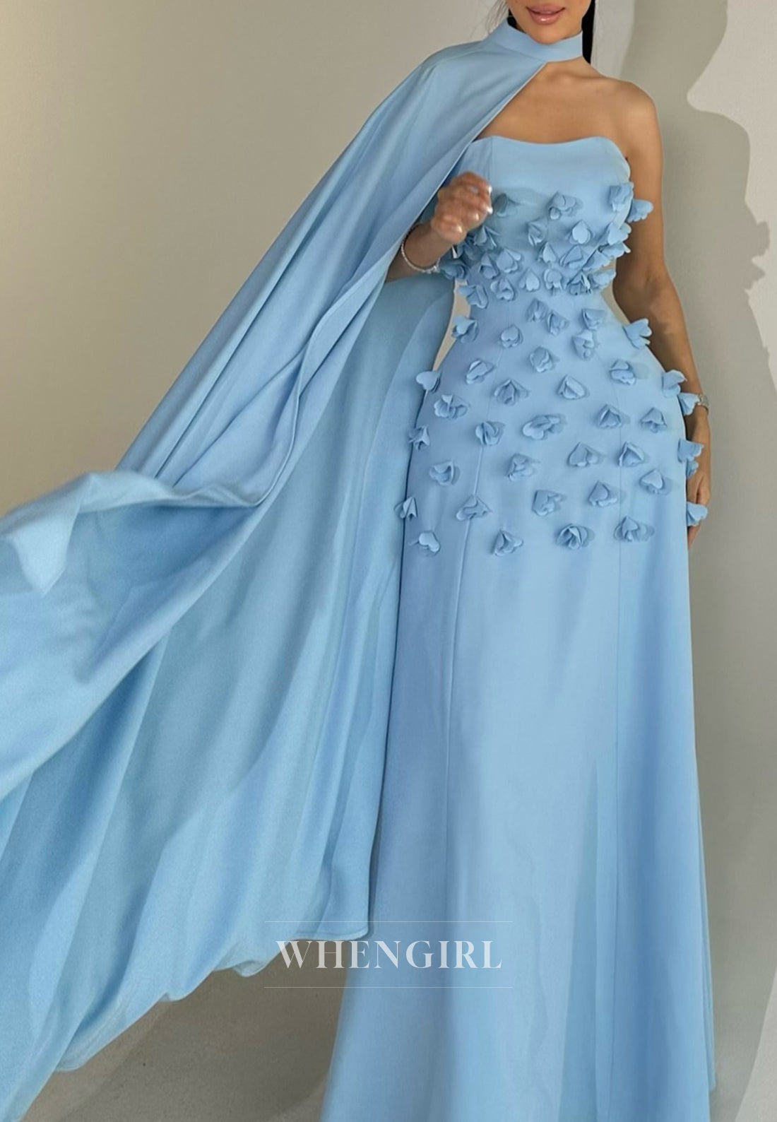 Sheath Sleeveless Sweetheart Floral Strapless Formal Evening Gown with Cape