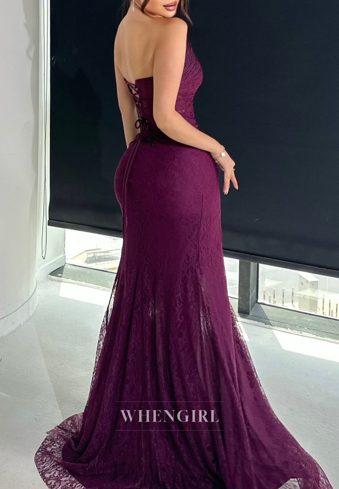 Grape Strapless Lace Up Sleeveless Pleated Side Slit Sheath Formal Evening Dress