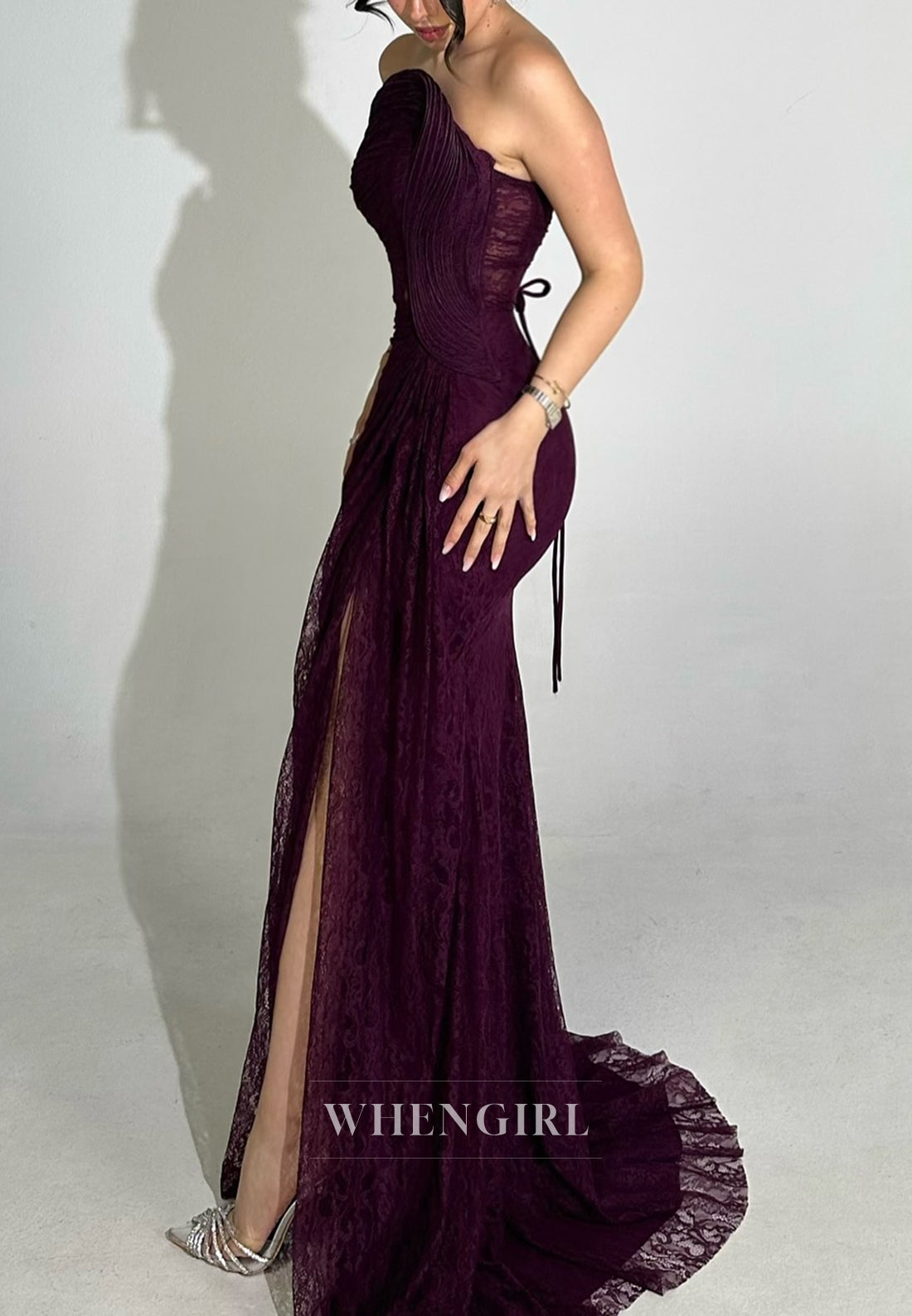 Grape Strapless Lace Up Sleeveless Pleated Side Slit Sheath Formal Evening Dress