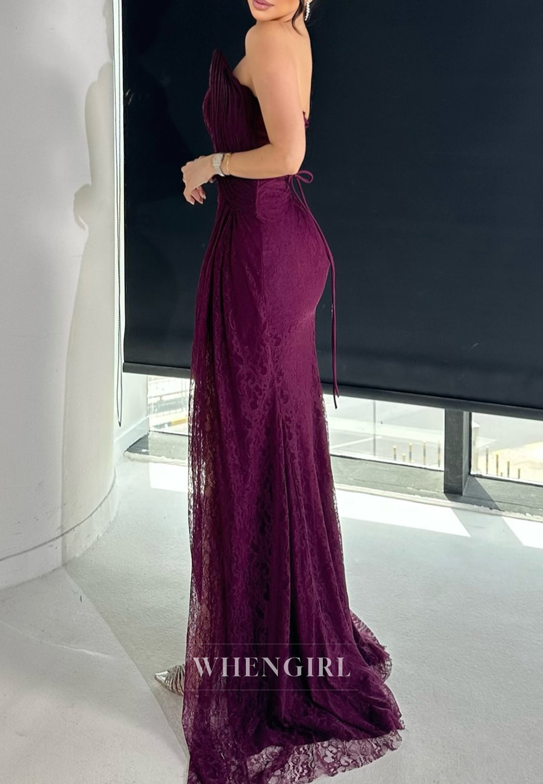 Grape Strapless Lace Up Sleeveless Pleated Side Slit Sheath Formal Evening Dress