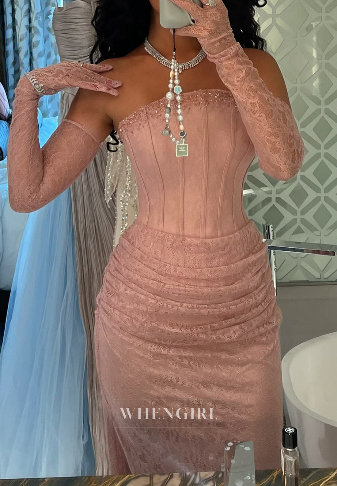 Strapless Sheath Lace Up Beaded Lace Long Formal Evening Dress with Gloves