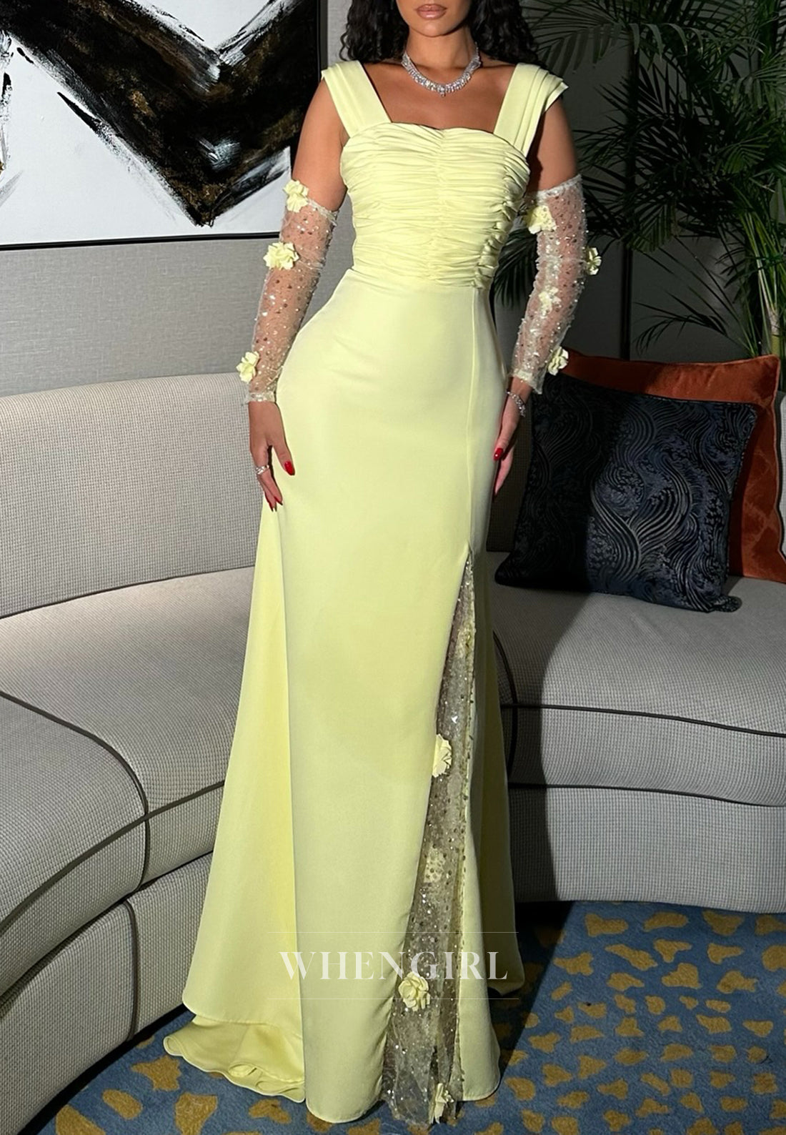 Daffodil Square Neck Pleated Floral 3/4 Sleeves Sheath Formal Evening Dress