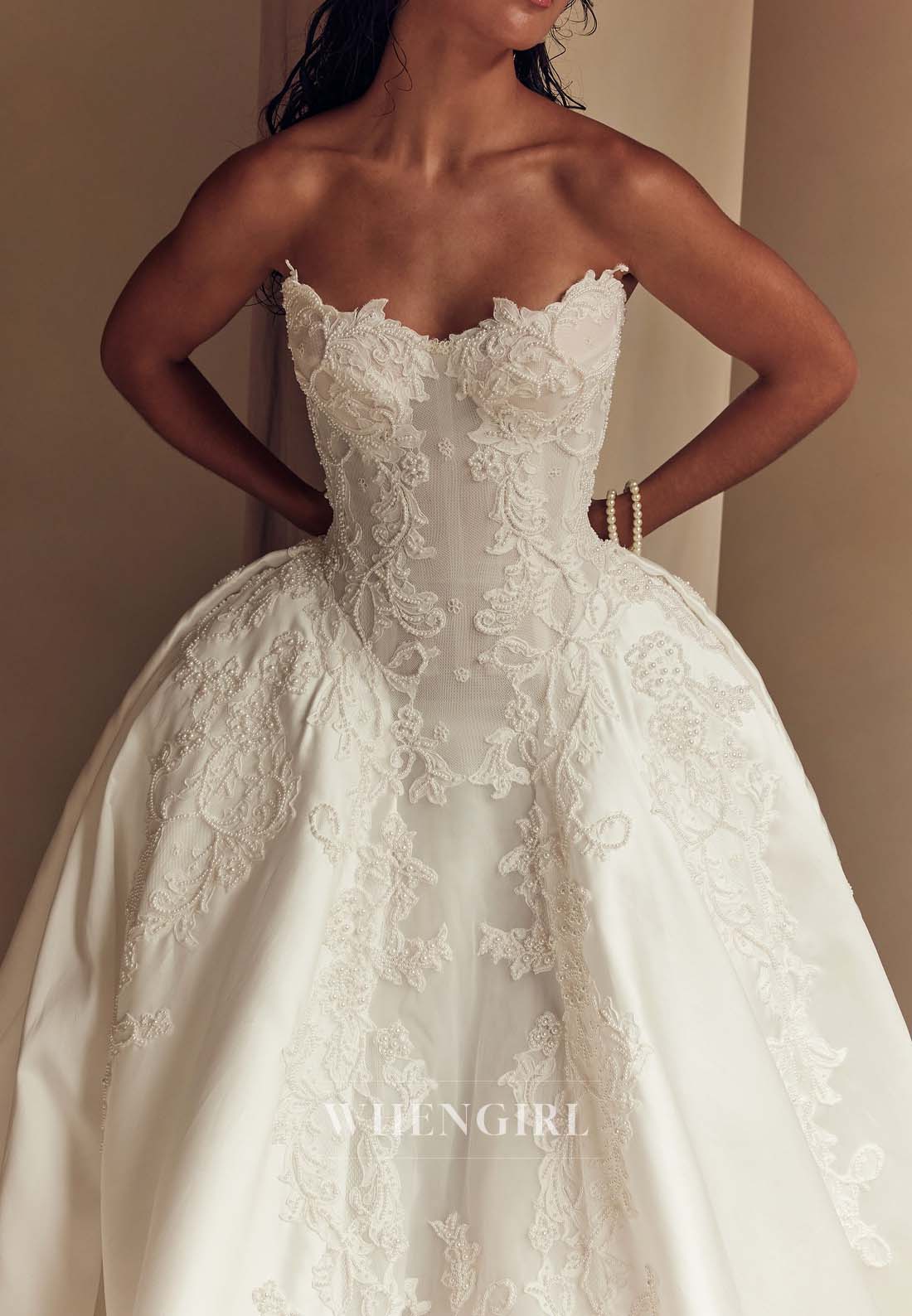 Ball Gown V Neck Sleeveless Pearls Beading Appliqued Court Train Wedding Dress